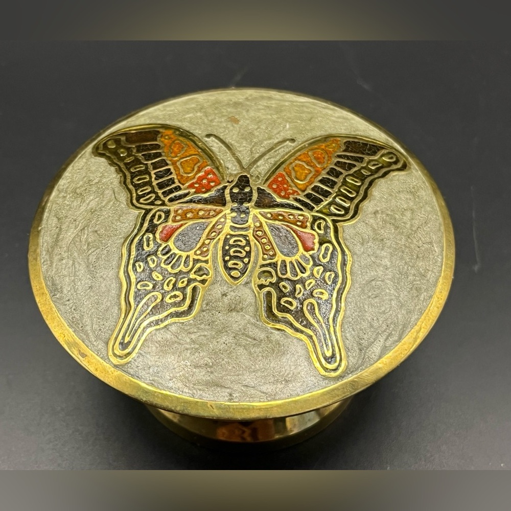 Vintage Brass Trinket Dish with Lid Enameled Cloisonné Butterfly design on top